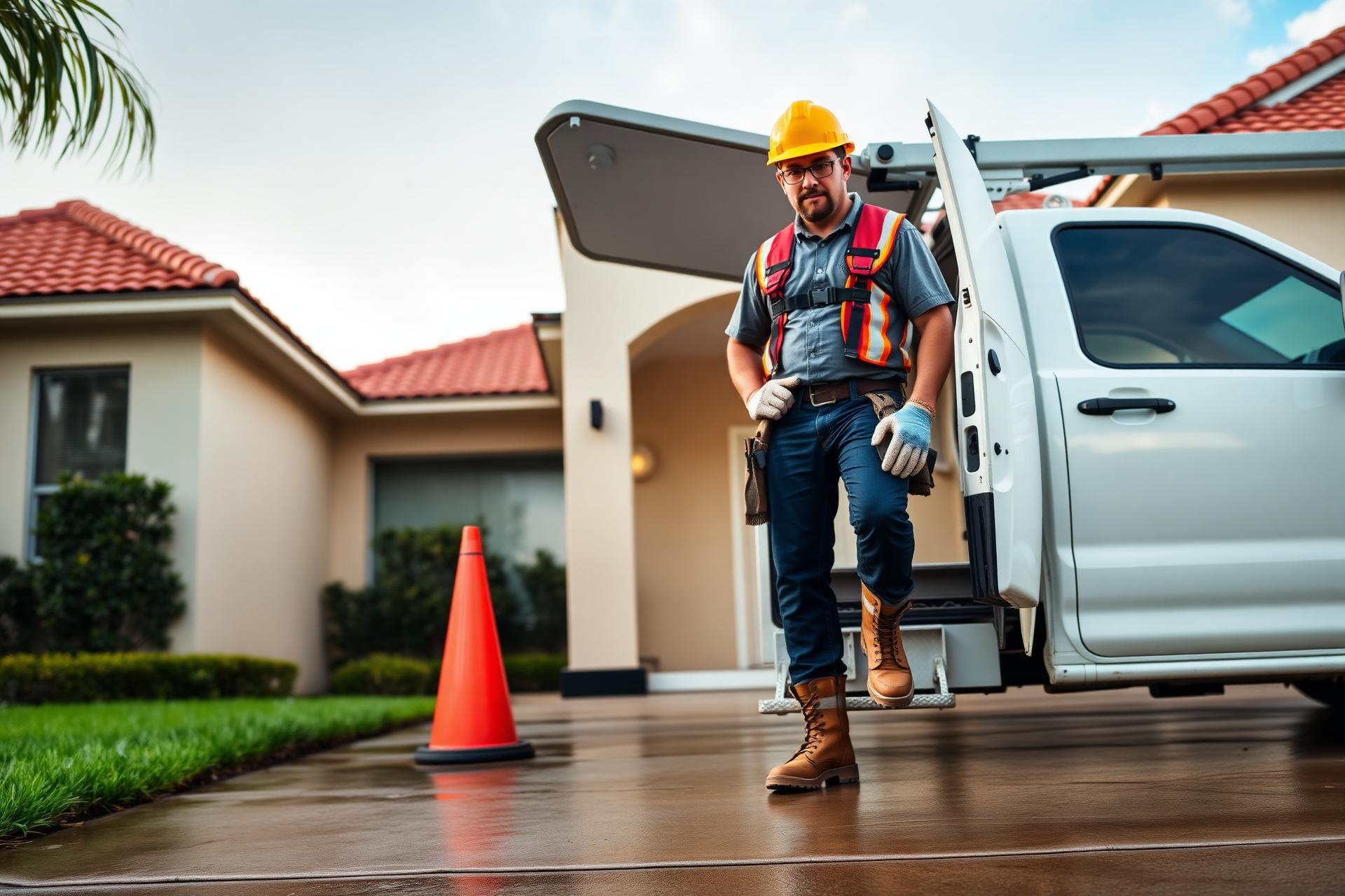 Roof repair Miami FL - Roof Repair Miami Pros roofer in full PPE arriving on site