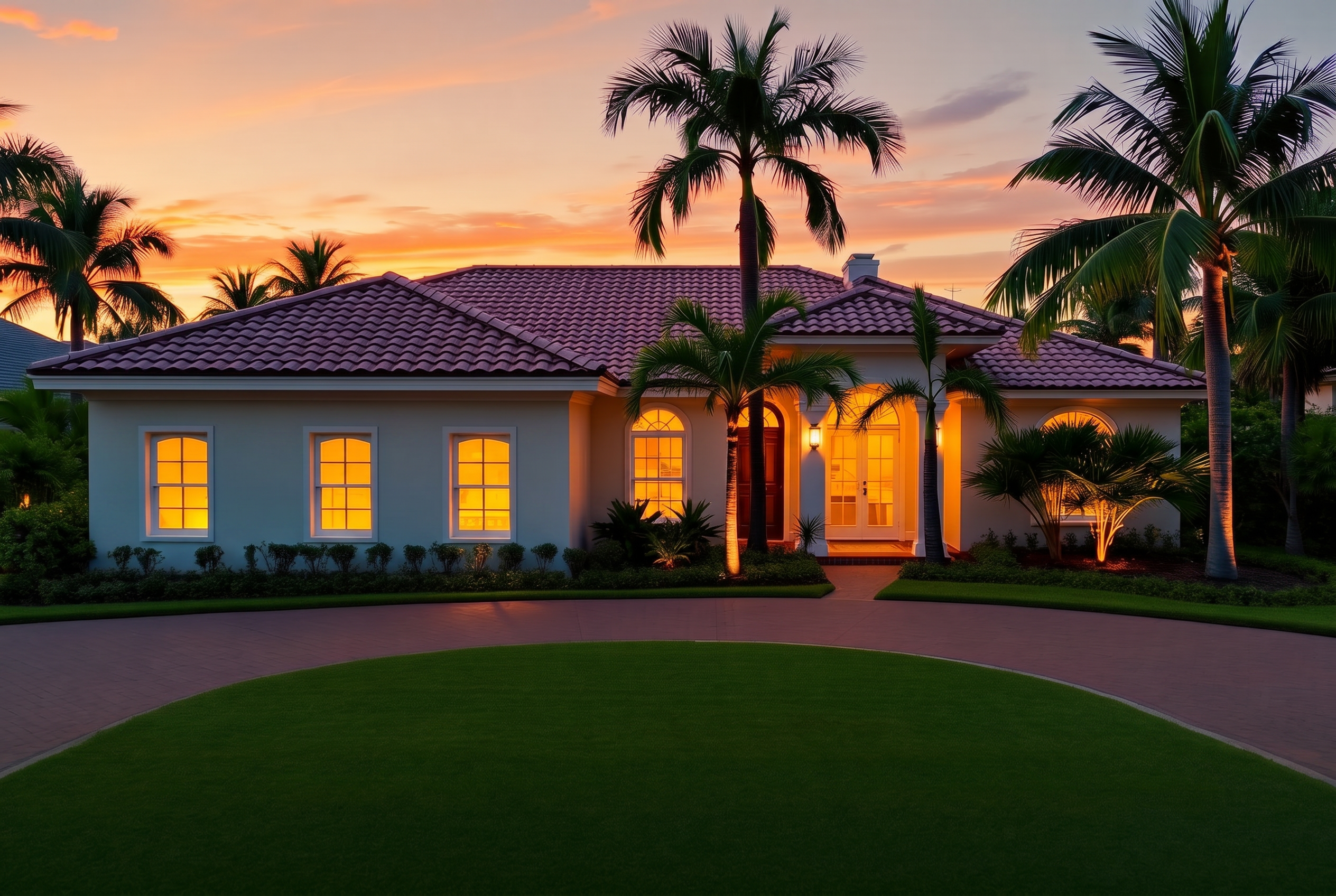 Roof replacement Miami FL - restored home with a pristine tile roof by Roof Repair Miami Pros at golden hour