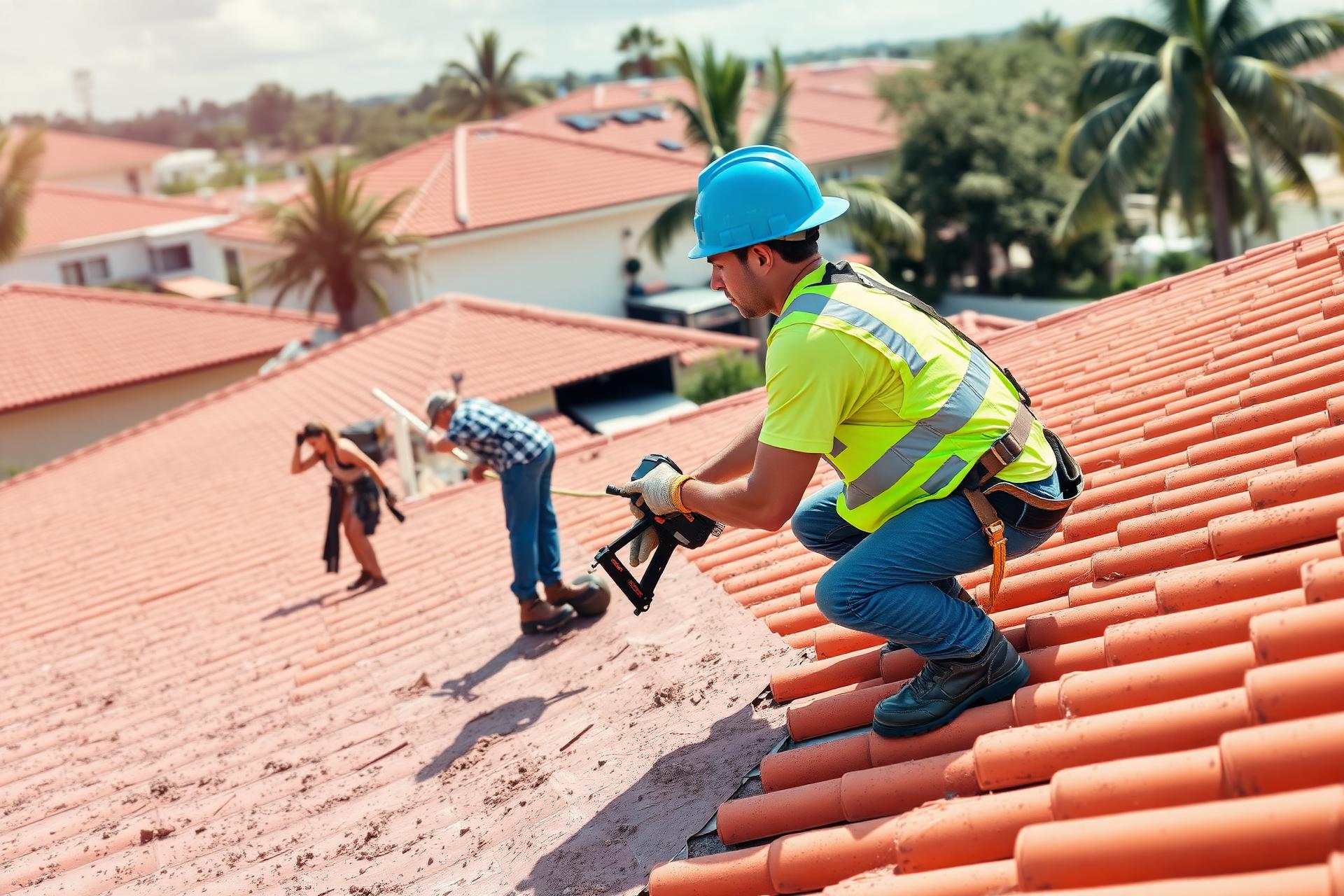 Tile roof repair Miami FL - Roof Repair Miami Pros roofer completing a repair in PPE