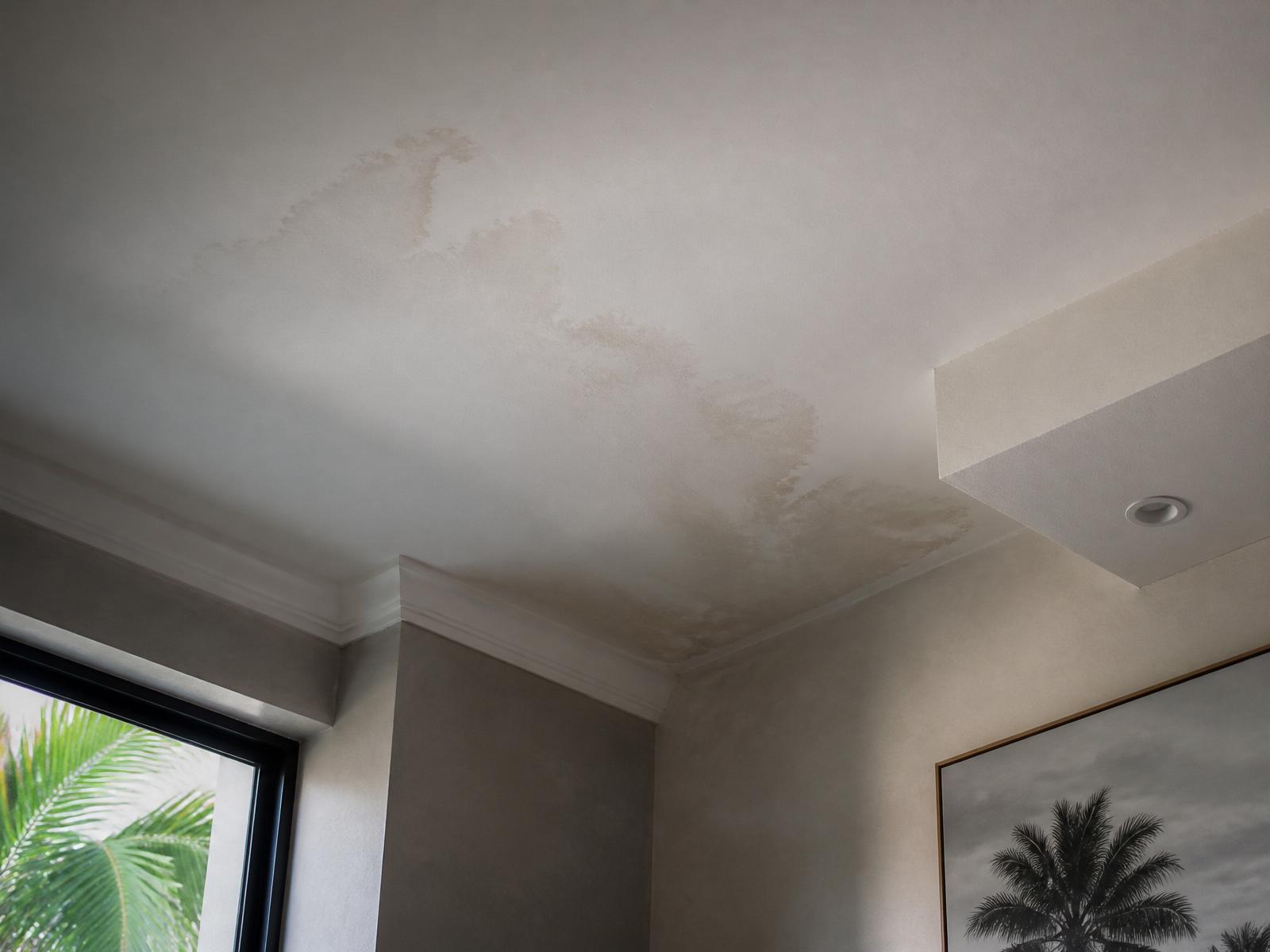 Roof leak repair Miami FL - ceiling water stain from an active roof leak, documented by Roof Repair Miami Pros